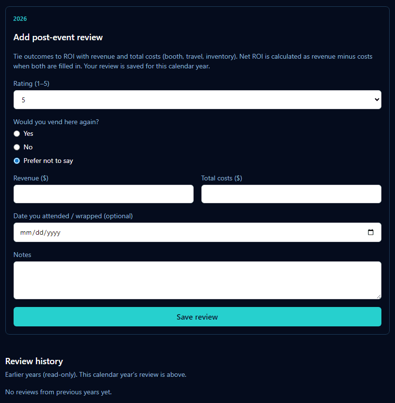MakersMetrix post-event review form with rating, ROI fields, and review history
