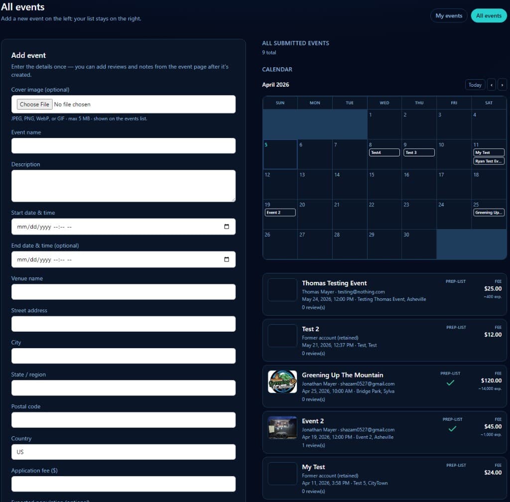 MakersMetrix All events workspace with add-event form, calendar, and event list
