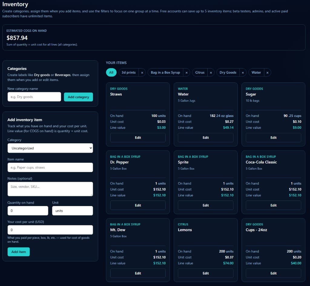 MakersMetrix Inventory with categories, add-item form, and item cards with unit costs