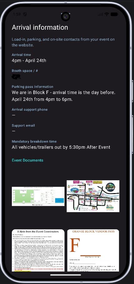 MakersMetrix mobile app arrival information: load-in, parking, contacts, and event documents