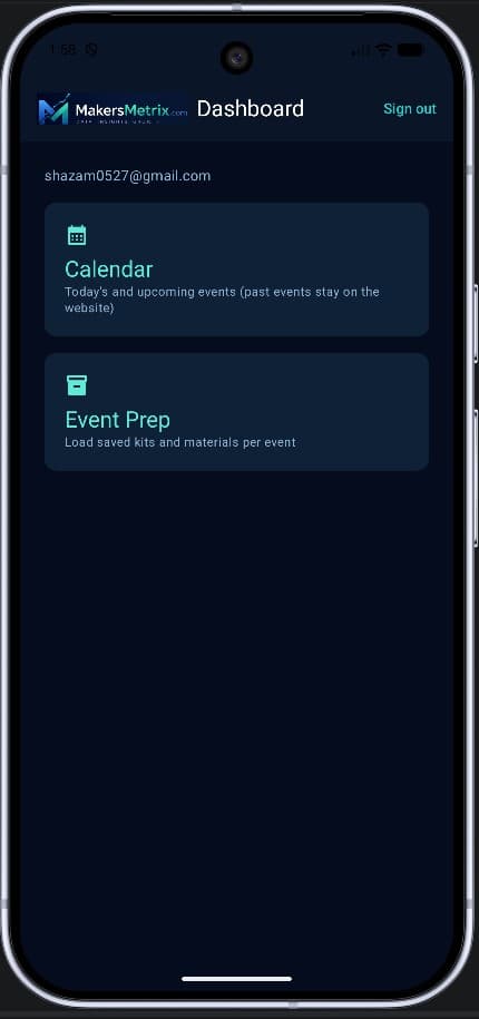 MakersMetrix Android companion app dashboard with Calendar and Event Prep navigation