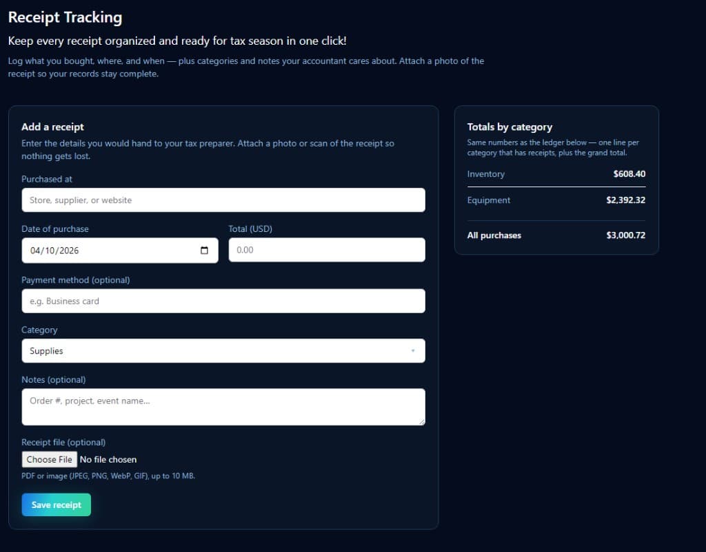 Receipt Tracking: add a receipt form with vendor, date, total, category, notes, and optional receipt file upload next to totals by category
